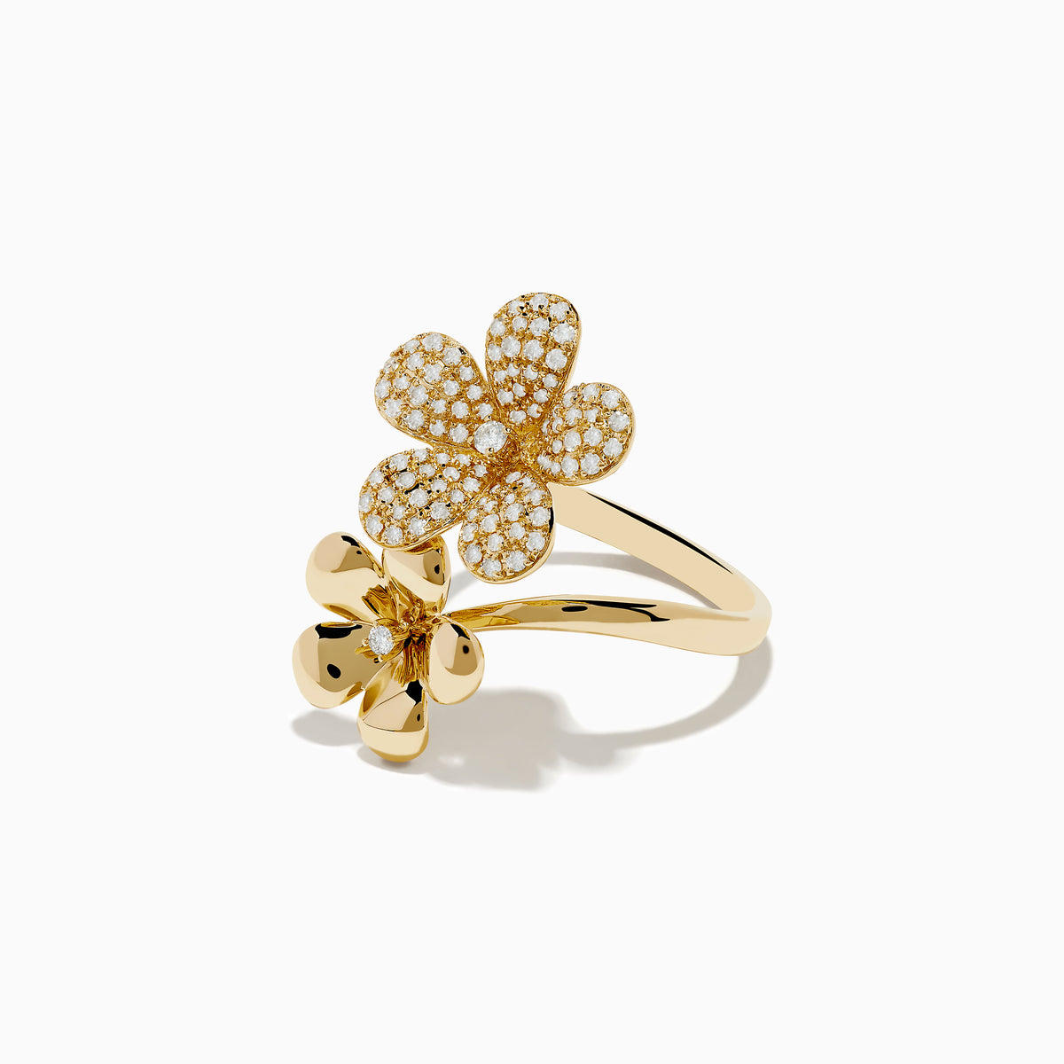 The Nature 14K Yellow Gold Diamond Flower Duet Ring features two floral motifs—one with polished petals and a central diamond, the other adorned with diamonds—set gracefully on a glossy gold band against a white background.