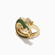 The Safari 14K Yellow Gold Tsavorite and Diamond Alligator Ring features detailed scales, white gemstone accents, and a lifelike crocodile design that curves around your finger for striking style.