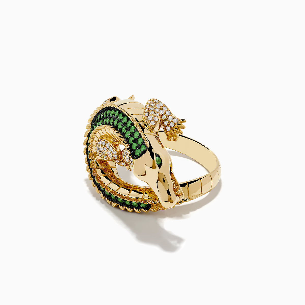 The Safari 14K Yellow Gold Tsavorite and Diamond Alligator Ring features detailed scales, white gemstone accents, and a lifelike crocodile design that curves around your finger for striking style.
