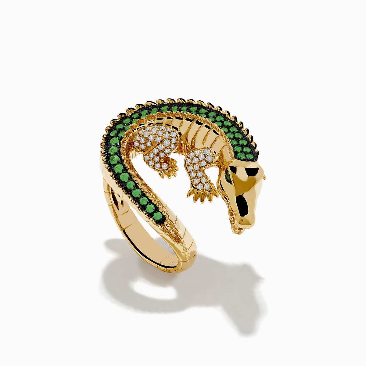 The Safari 14K Yellow Gold Tsavorite and Diamond Alligator Ring features detailed scales, white gemstone accents, and a lifelike crocodile design that curves around your finger for striking style.
