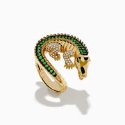 The Safari 14K Yellow Gold Tsavorite and Diamond Alligator Ring features detailed scales, white gemstone accents, and a lifelike crocodile design that curves around your finger for striking style.