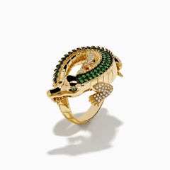 The Safari 14K Yellow Gold Tsavorite and Diamond Alligator Ring features detailed scales, white gemstone accents, and a lifelike crocodile design that curves around your finger for striking style.