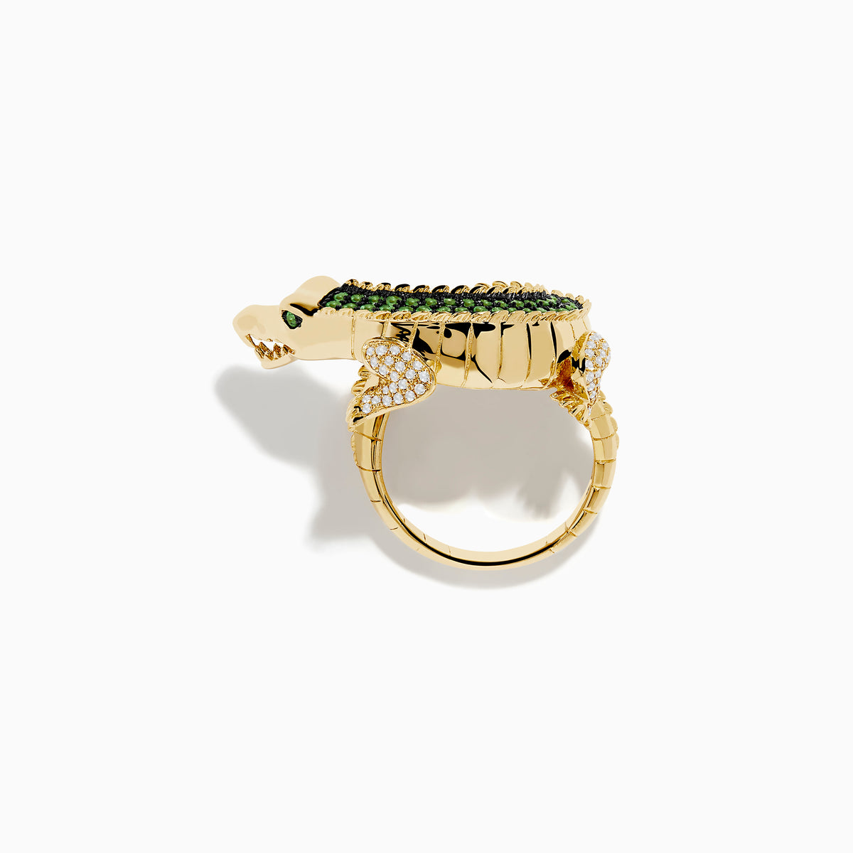 The Safari 14K Yellow Gold Tsavorite and Diamond Alligator Ring features detailed scales, white gemstone accents, and a lifelike crocodile design that curves around your finger for striking style.