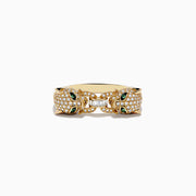 A Signature 14K Yellow Gold Diamond and Emerald Panther Ring is displayed on a white background, featuring diamond accents and striking emerald eyes.