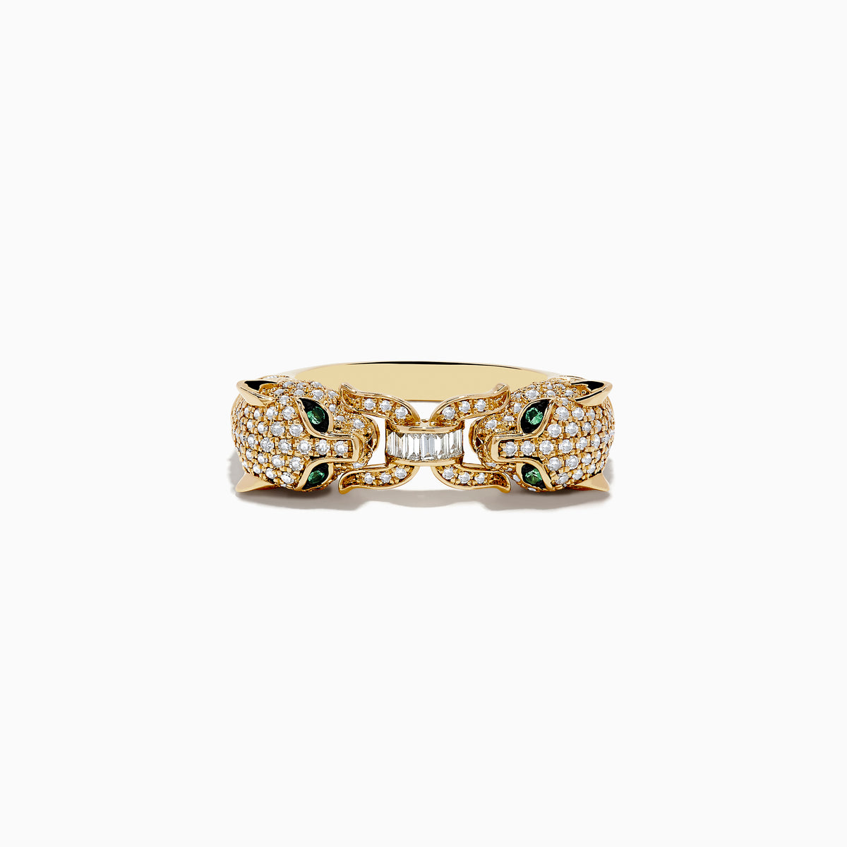 A Signature 14K Yellow Gold Diamond and Emerald Panther Ring is displayed on a white background, featuring diamond accents and striking emerald eyes.