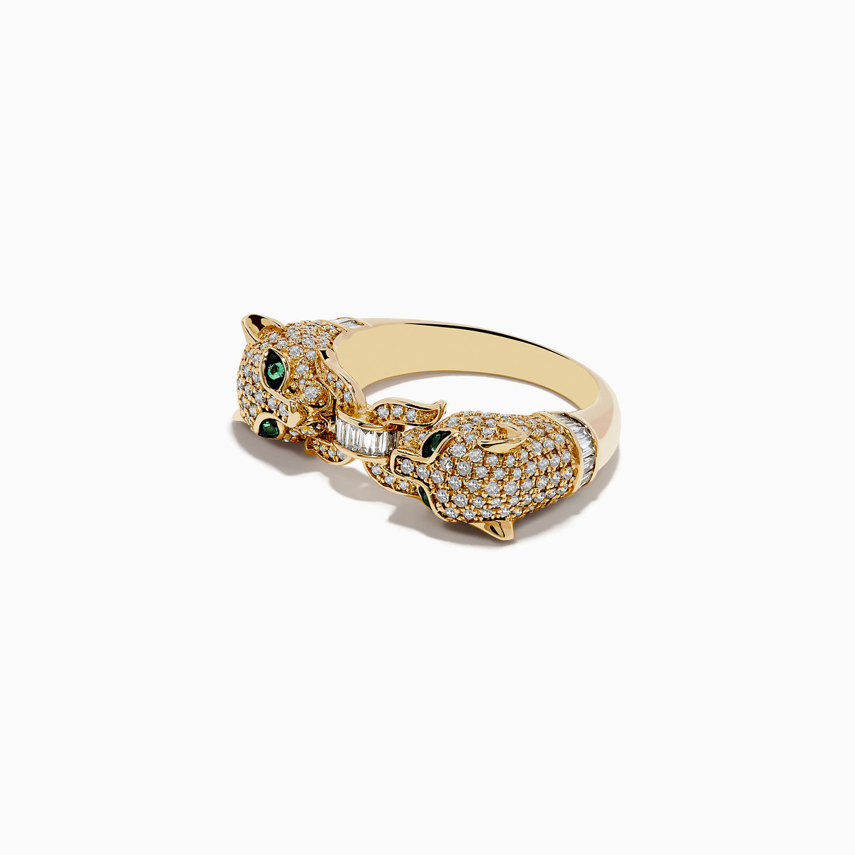 A Signature 14K Yellow Gold Diamond and Emerald Panther Ring is displayed on a white background, featuring diamond accents and striking emerald eyes.