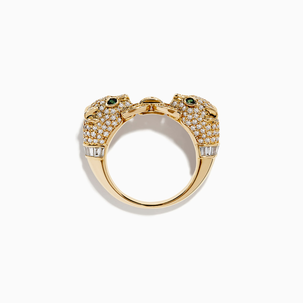 A Signature 14K Yellow Gold Diamond and Emerald Panther Ring is displayed on a white background, featuring diamond accents and striking emerald eyes.