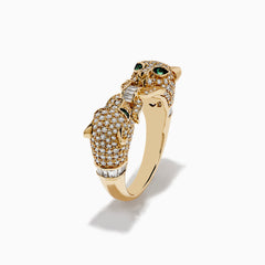 A Signature 14K Yellow Gold Diamond and Emerald Panther Ring is displayed on a white background, featuring diamond accents and striking emerald eyes.