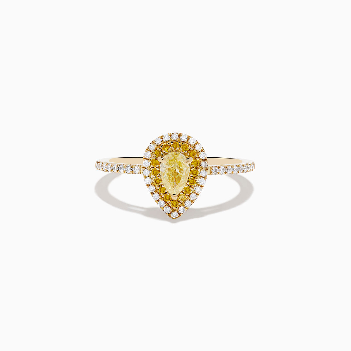 The Canare 14K Yellow Gold White and Yellow Diamond Ring features a pear-shaped yellow diamond with a white diamond halo and diamond-accented band, shown on a white background.