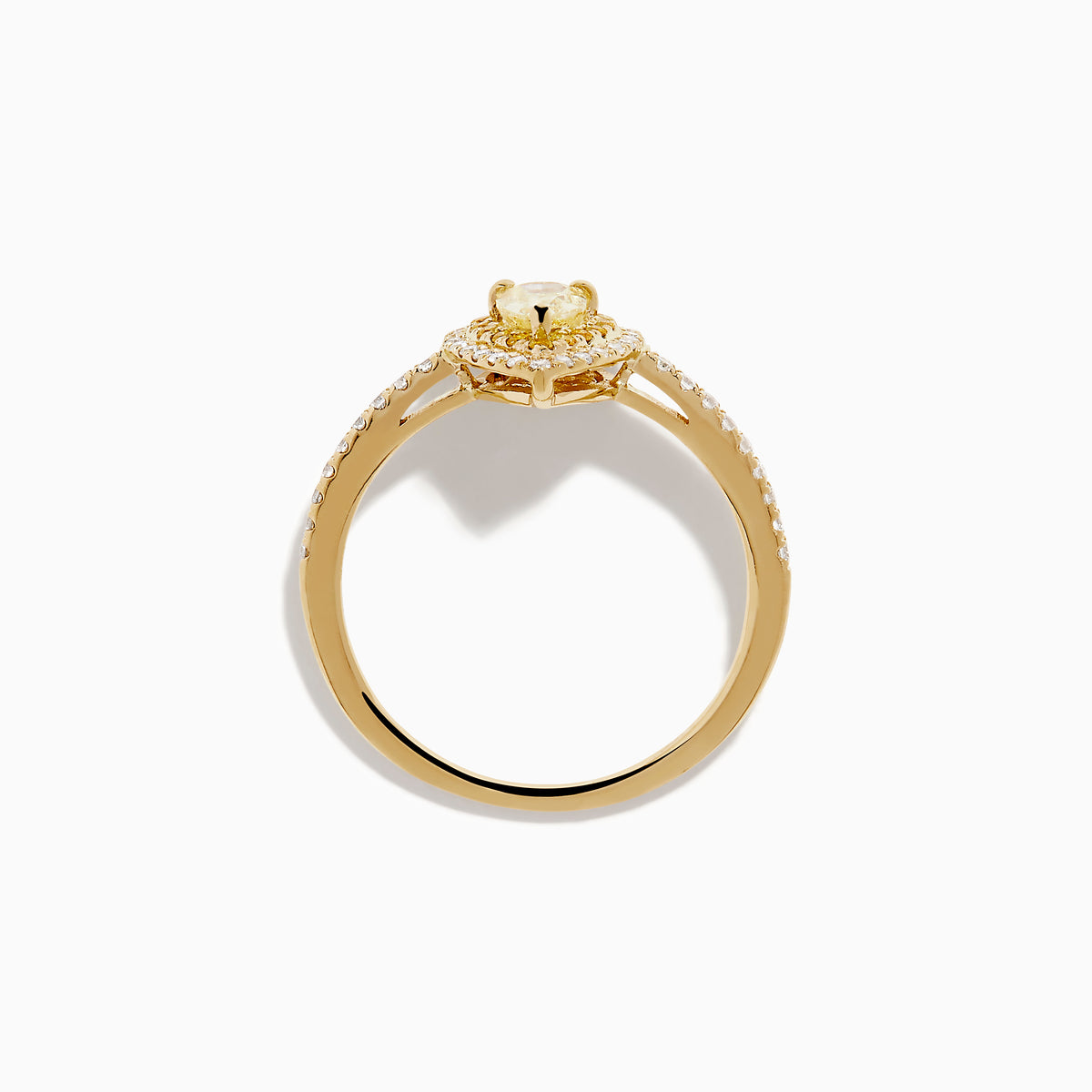 The Canare 14K Yellow Gold White and Yellow Diamond Ring features a pear-shaped yellow diamond with a white diamond halo and diamond-accented band, shown on a white background.