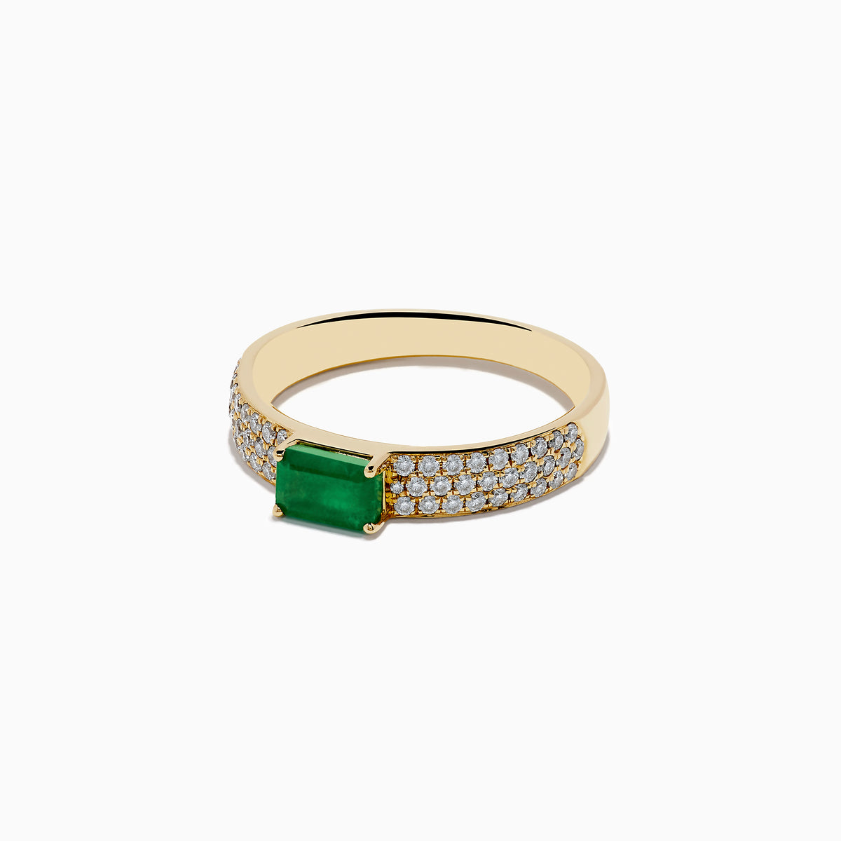 A 14K Yellow Gold Emerald and Diamond Ring featuring a rectangular emerald center with pavé-set diamonds along both sides of the band, displayed on a white background.