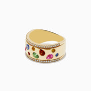The Watercolor 14k Yellow Gold Bezel Set Multi Sapphire Ring features multicolored sapphires in various shapes and sizes, bordered by rows of white diamonds, reflecting Effys signature Watercolor style on a plain white background.