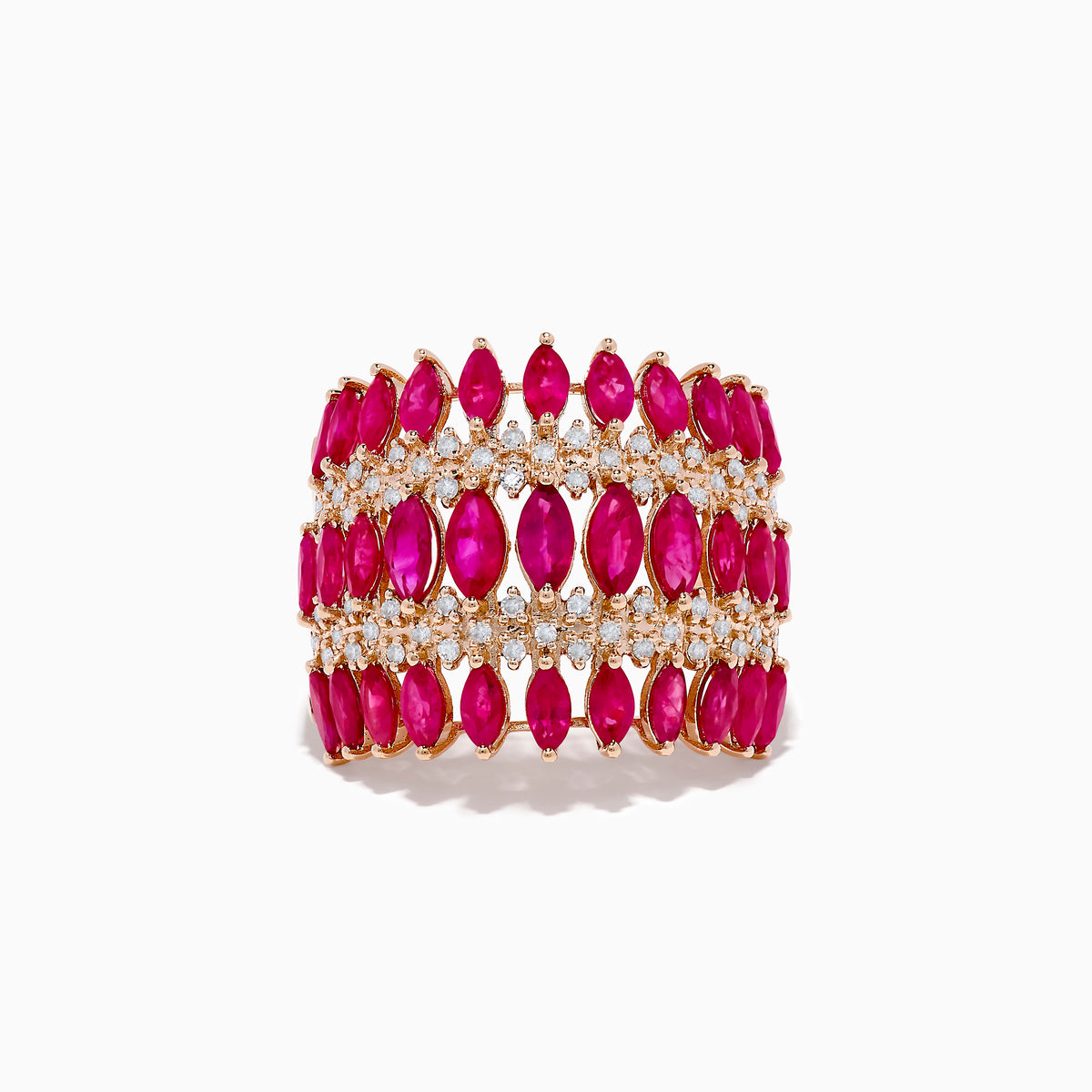 The Ruby Royale 14K Rose Gold Ruby and Diamond Ring showcases four rows of marquise-cut pink rubies alternating with sparkling white diamonds, creating an intricate, elegant pattern.