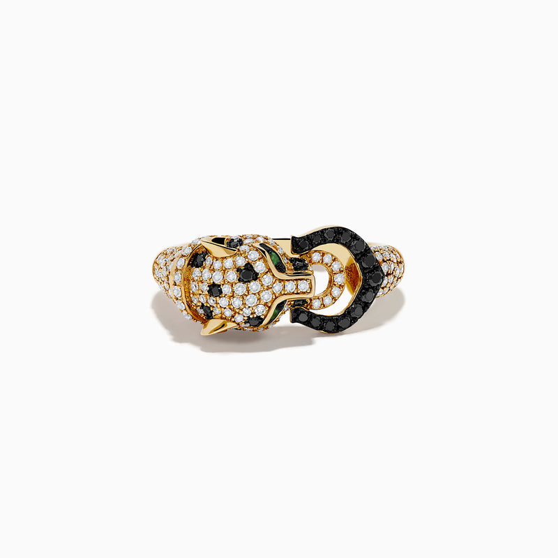 The Signature 14K Yellow Black and White Diamond and Emerald Panther Ring features a panther’s head with green emerald eyes, diamond spots, and a black jeweled ring in its mouth.