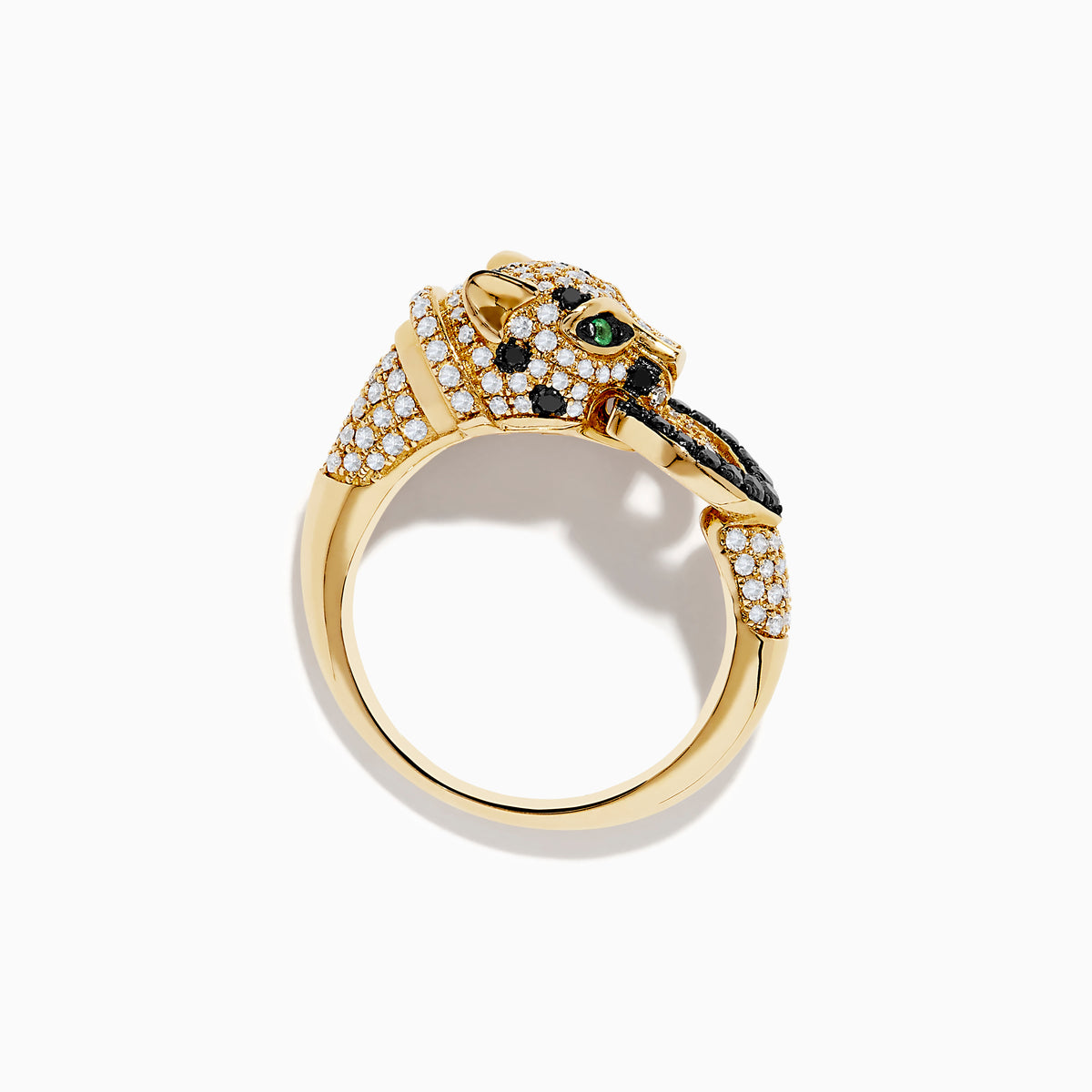 The Signature 14K Yellow Black and White Diamond and Emerald Panther Ring features a panther’s head with green emerald eyes, diamond spots, and a black jeweled ring in its mouth.