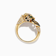 The Signature 14K Yellow Black and White Diamond and Emerald Panther Ring features a panther’s head with green emerald eyes, diamond spots, and a black jeweled ring in its mouth.