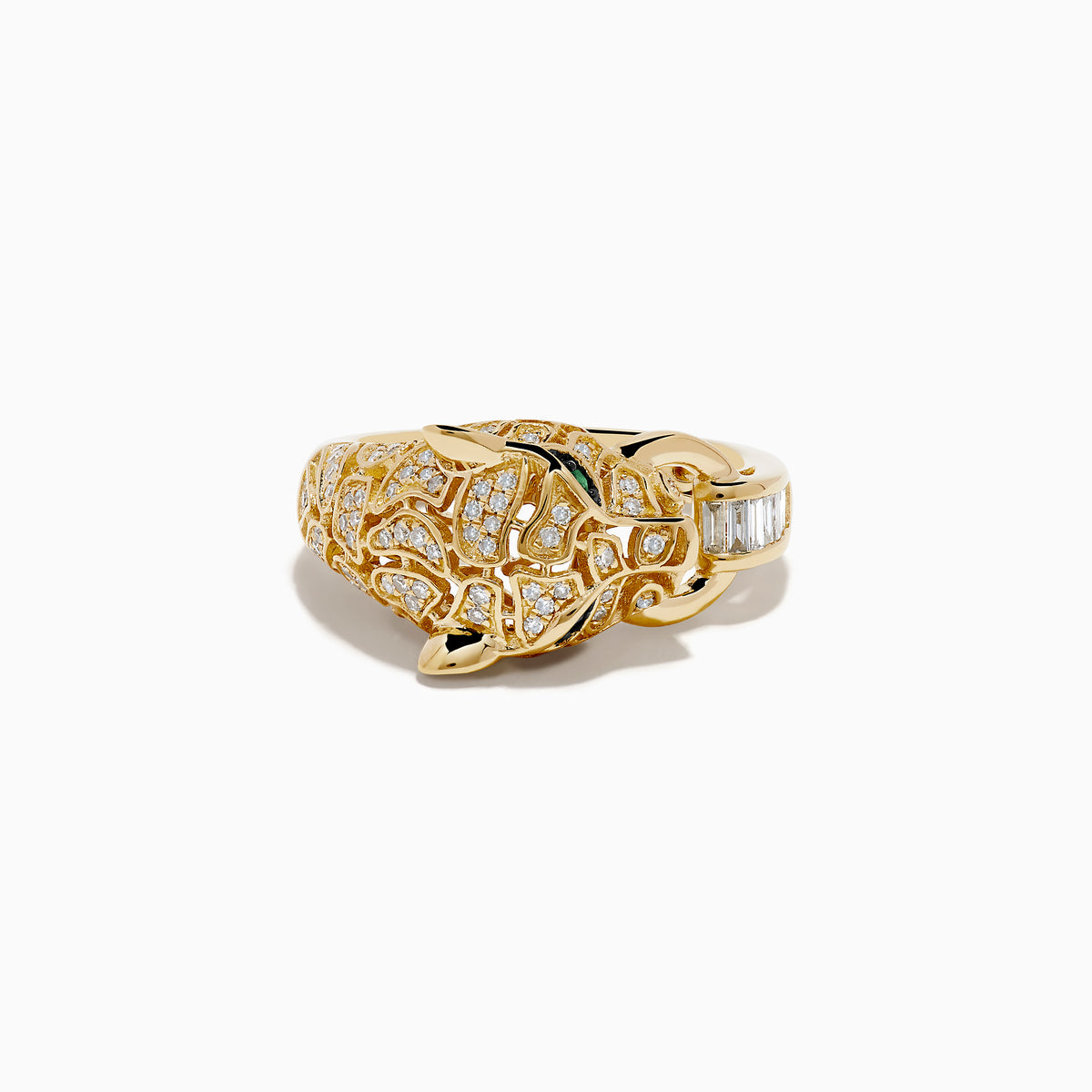The Signature 14K Yellow Gold Diamond and Emerald Panther Ring features a panther’s head with diamond accents, vivid emerald eyes, and a diamond-studded ring in its mouth, all set against a plain white background.