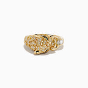 The Signature 14K Yellow Gold Diamond and Emerald Panther Ring features a panther’s head with diamond accents, vivid emerald eyes, and a diamond-studded ring in its mouth, all set against a plain white background.