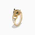 The Signature 14K Yellow Gold Diamond and Emerald Panther Ring features a panther’s head with diamond accents, vivid emerald eyes, and a diamond-studded ring in its mouth, all set against a plain white background.