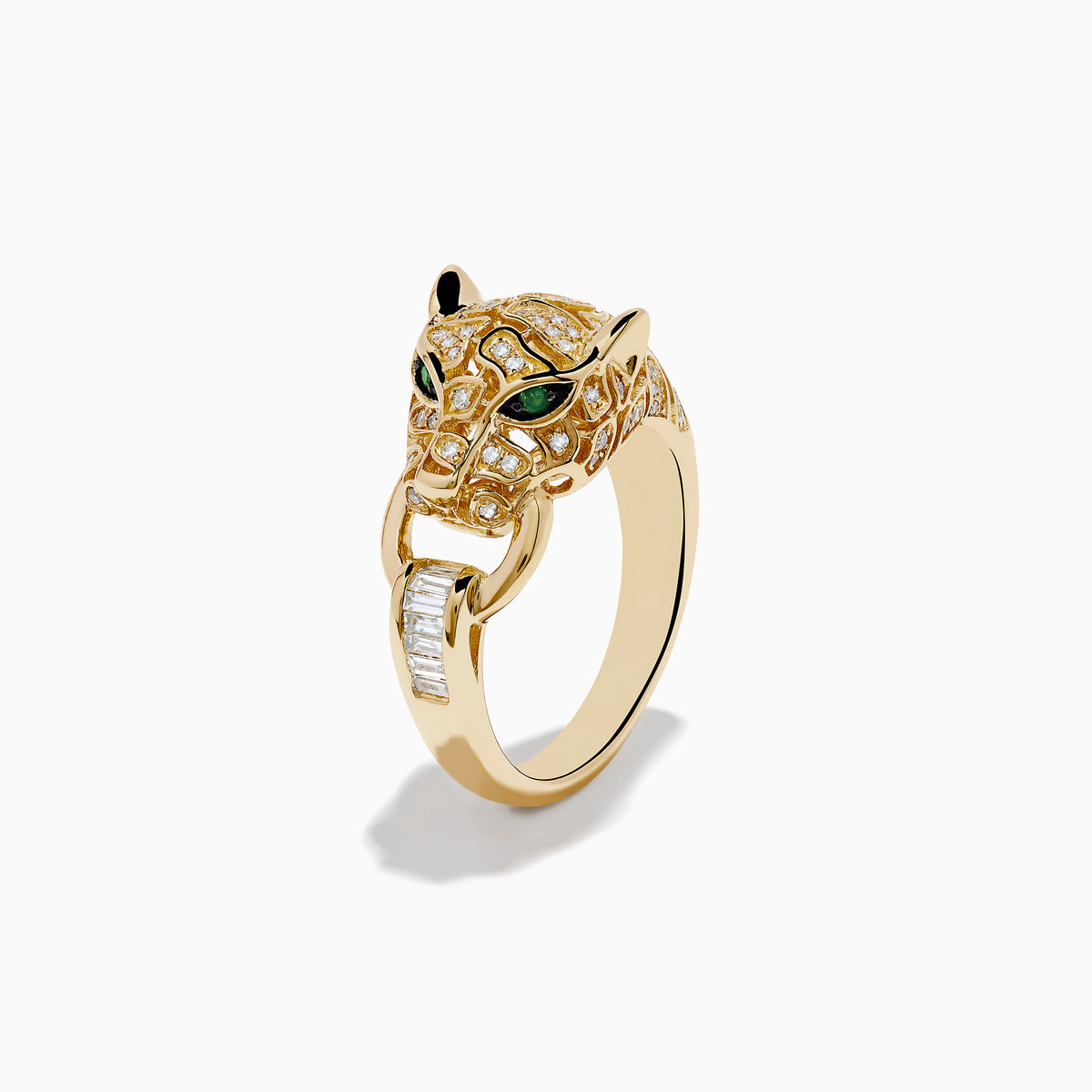The Signature 14K Yellow Gold Diamond and Emerald Panther Ring features a panther’s head with diamond accents, vivid emerald eyes, and a diamond-studded ring in its mouth, all set against a plain white background.
