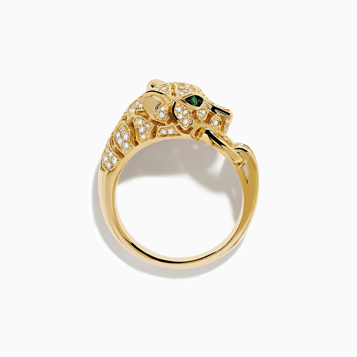 The Signature 14K Yellow Gold Diamond and Emerald Panther Ring features a panther’s head with diamond accents, vivid emerald eyes, and a diamond-studded ring in its mouth, all set against a plain white background.