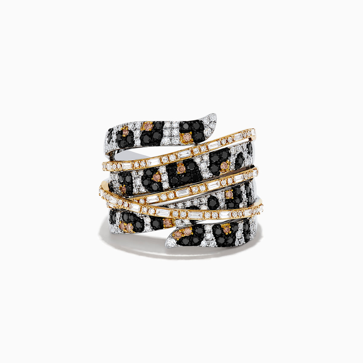 The Signature 14k Yellow Gold Panther Spot Diamond Statement Ring features alternating rows of black, white, and yellow diamonds in gold, creating an overlapping ribbon effect against a white background.