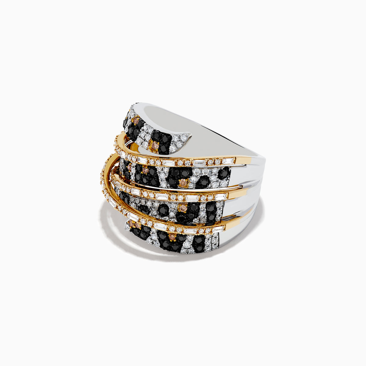 The Signature 14k Yellow Gold Panther Spot Diamond Statement Ring features alternating rows of black, white, and yellow diamonds in gold, creating an overlapping ribbon effect against a white background.