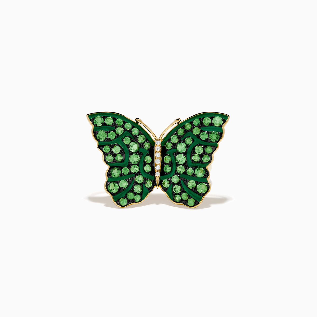 The Nature 14K Yellow Gold Tsavorite and Diamond Butterfly Ring features vibrant green tsavorite gemstones and sparkling white diamonds, styled in a butterfly design, shown on a white background.