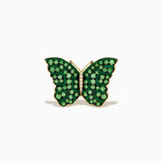 The Nature 14K Yellow Gold Tsavorite and Diamond Butterfly Ring features vibrant green tsavorite gemstones and sparkling white diamonds, styled in a butterfly design, shown on a white background.