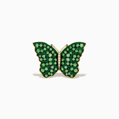 The Nature 14K Yellow Gold Tsavorite and Diamond Butterfly Ring features vibrant green tsavorite gemstones and sparkling white diamonds, styled in a butterfly design, shown on a white background.