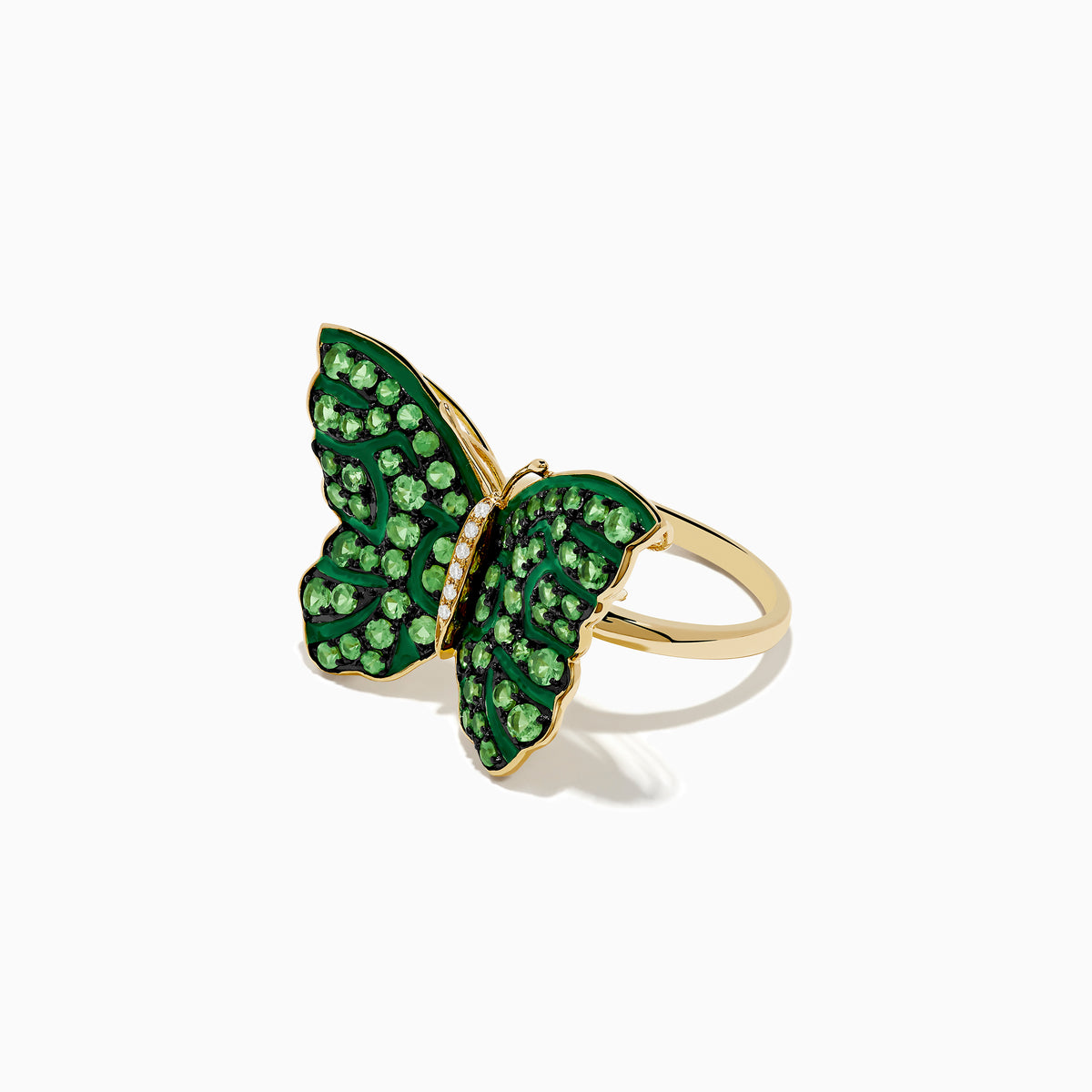 The Nature 14K Yellow Gold Tsavorite and Diamond Butterfly Ring features vibrant green tsavorite gemstones and sparkling white diamonds, styled in a butterfly design, shown on a white background.