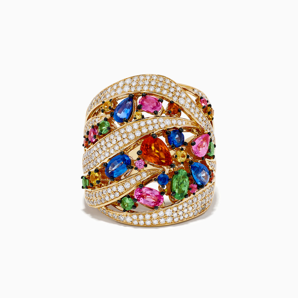 The Watercolors 14K Yellow Gold Multi Sapphire and Diamond Ring showcases swirling rows of white diamonds and vibrant blue, pink, orange, green, and yellow sapphires set against a white background.