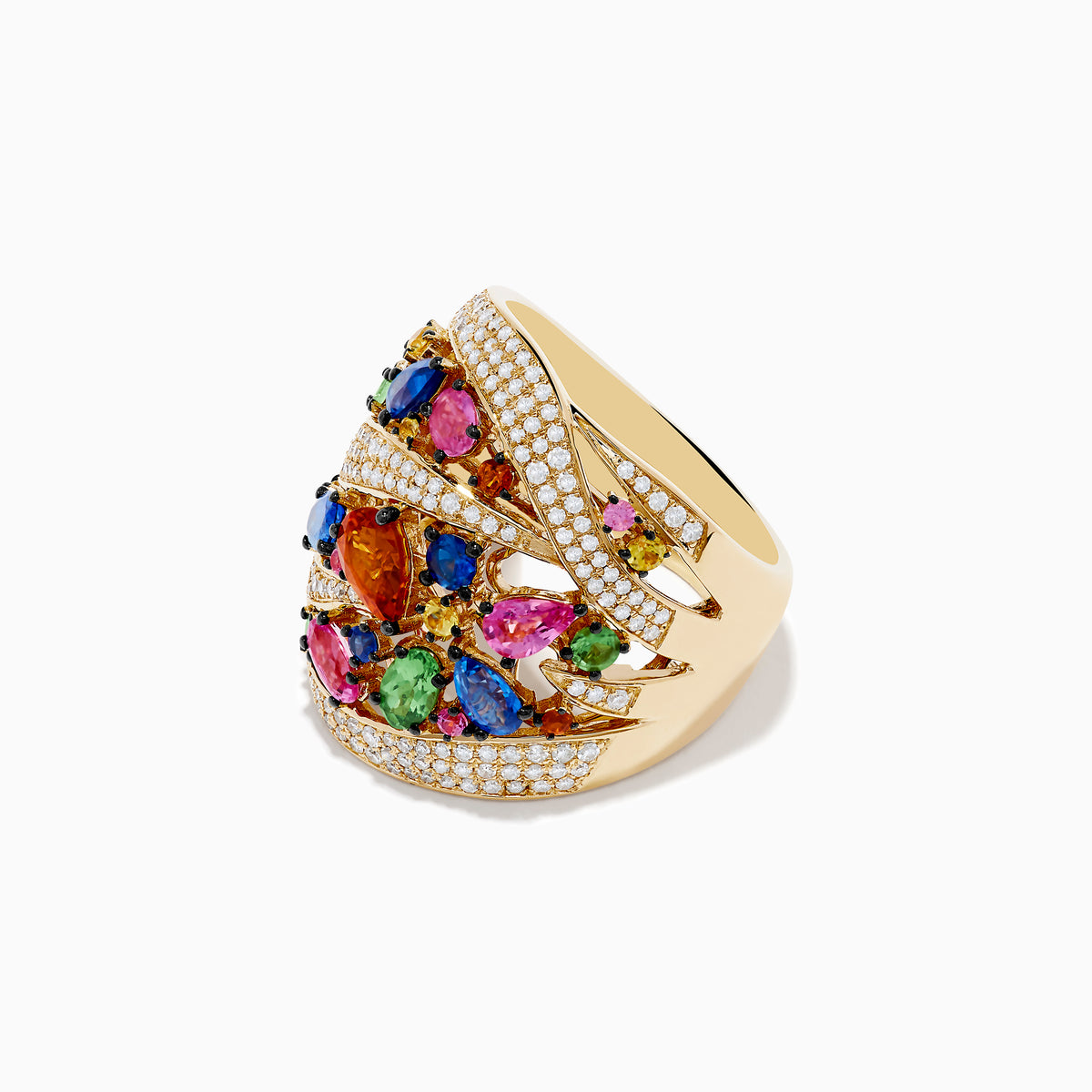 The Watercolors 14K Yellow Gold Multi Sapphire and Diamond Ring showcases swirling rows of white diamonds and vibrant blue, pink, orange, green, and yellow sapphires set against a white background.