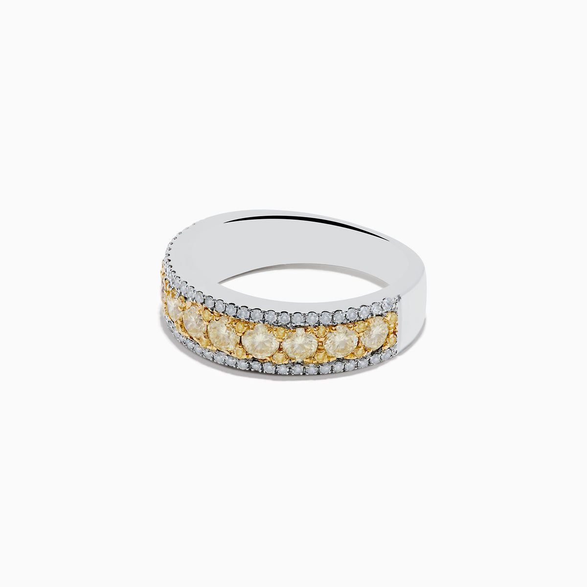 The Canare 14K Two Tone Gold Yellow and White Diamond Ring showcases a central row of yellow gemstones bordered by small white diamonds, beautifully set in a striking two-tone gold design.