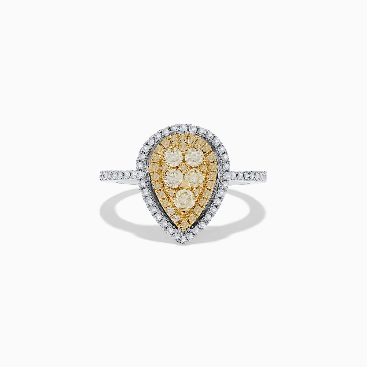 The Canare 14K Two Tone White and Yellow Diamond Ring showcases clustered yellow diamonds encircled by a double halo of white diamonds, set on a diamond-studded silver band for a striking, elegant look.