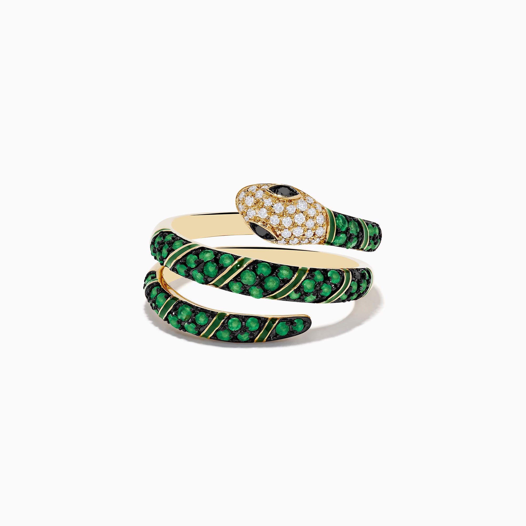 The Brasilica 14K Yellow Gold Emerald and Diamond Wrap Snake Ring features a spiral-coiled design, encrusted with emerald-green gemstones, sparkling diamonds on the head, and a striking black stone eye.