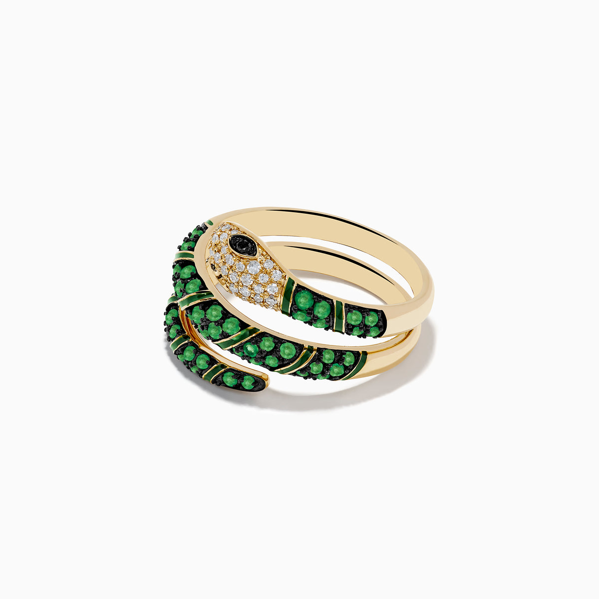 The Brasilica 14K Yellow Gold Emerald and Diamond Wrap Snake Ring features a spiral-coiled design, encrusted with emerald-green gemstones, sparkling diamonds on the head, and a striking black stone eye.