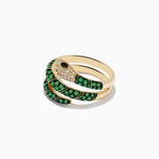 The Brasilica 14K Yellow Gold Emerald and Diamond Wrap Snake Ring features a spiral-coiled design, encrusted with emerald-green gemstones, sparkling diamonds on the head, and a striking black stone eye.