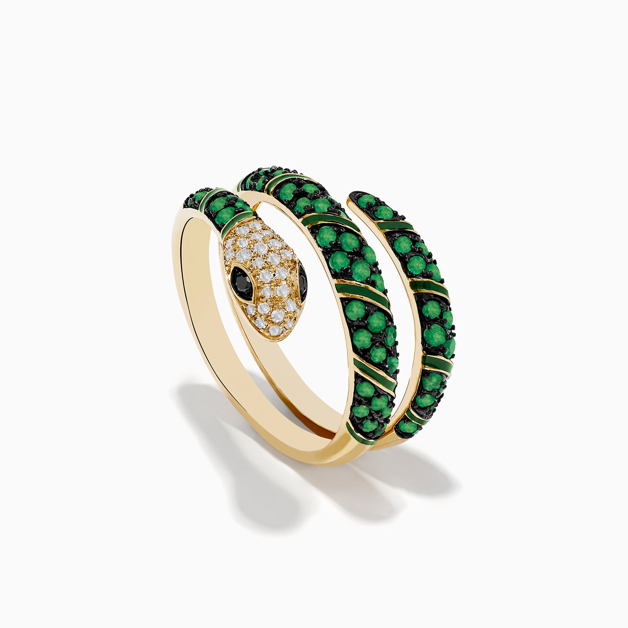 The Brasilica 14K Yellow Gold Emerald and Diamond Wrap Snake Ring features a spiral-coiled design, encrusted with emerald-green gemstones, sparkling diamonds on the head, and a striking black stone eye.