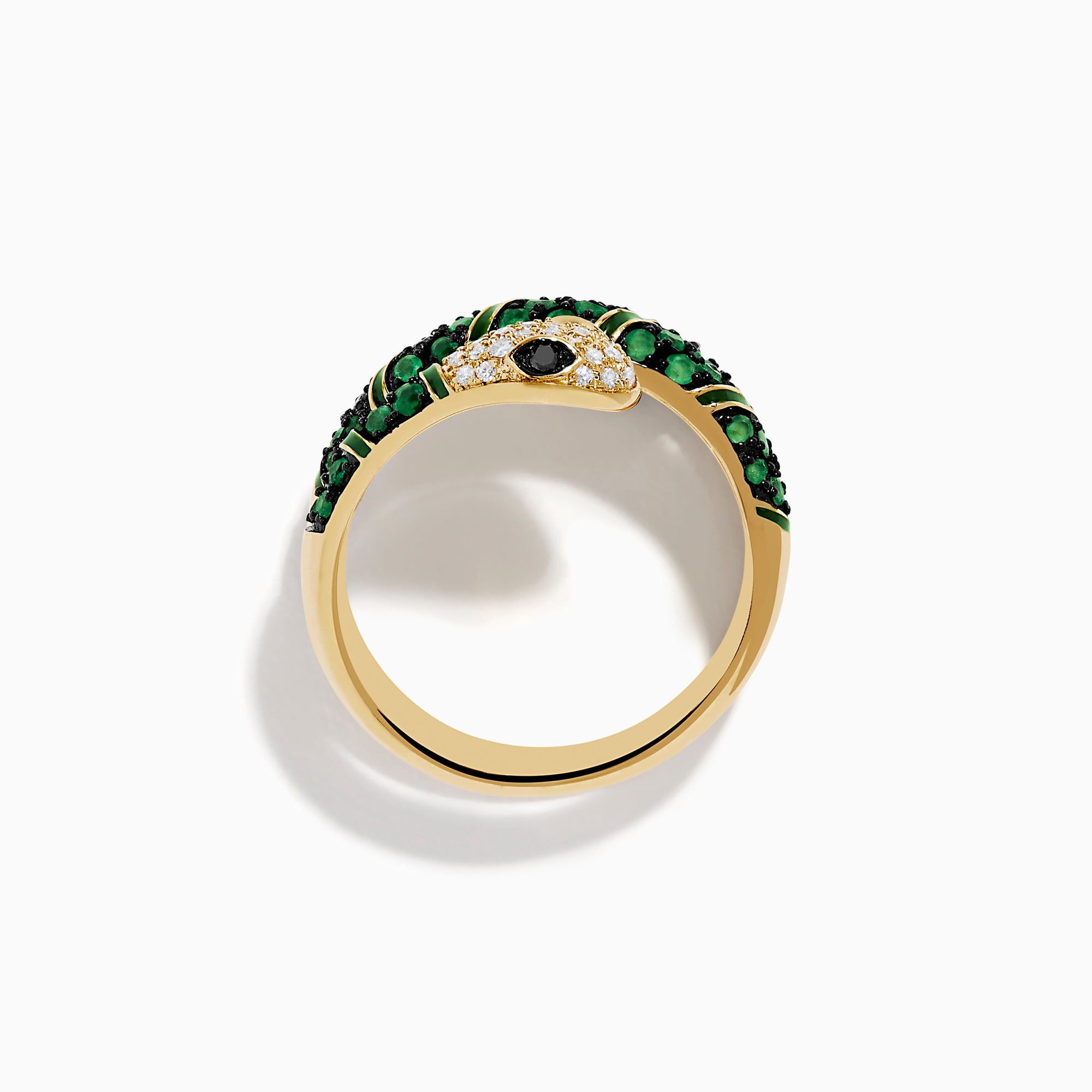 The Brasilica 14K Yellow Gold Emerald and Diamond Wrap Snake Ring features a spiral-coiled design, encrusted with emerald-green gemstones, sparkling diamonds on the head, and a striking black stone eye.