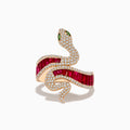 The Safari 14K Rose Gold Ruby Diamond and Tsavorite Snake Ring features a coiled serpent design with white diamonds, tsavorite green gemstone eyes, and a band set with rectangular ruby-red gemstones.