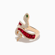 The Safari 14K Rose Gold Ruby Diamond and Tsavorite Snake Ring features a coiled serpent design with white diamonds, tsavorite green gemstone eyes, and a band set with rectangular ruby-red gemstones.
