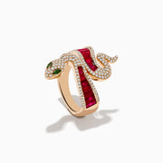 The Safari 14K Rose Gold Ruby Diamond and Tsavorite Snake Ring features a coiled serpent design with white diamonds, tsavorite green gemstone eyes, and a band set with rectangular ruby-red gemstones.