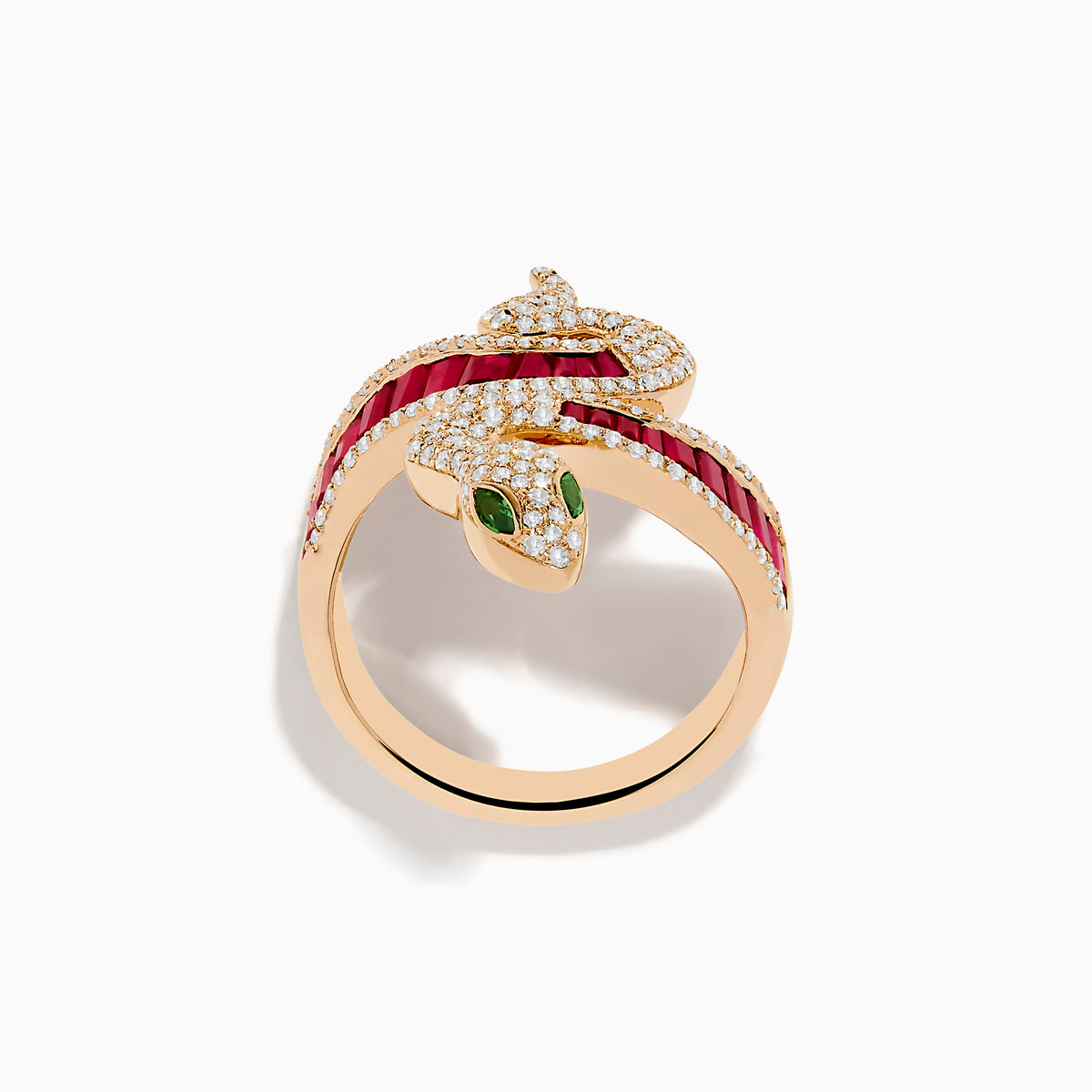 The Safari 14K Rose Gold Ruby Diamond and Tsavorite Snake Ring features a coiled serpent design with white diamonds, tsavorite green gemstone eyes, and a band set with rectangular ruby-red gemstones.