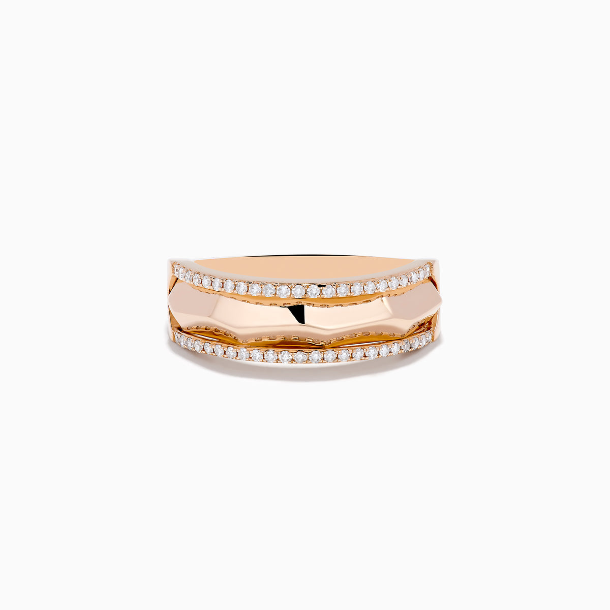The Pave Rose 14K Gold Diamond Band Ring features a faceted center band bordered by rows of small white diamonds, showcased on a plain white background.