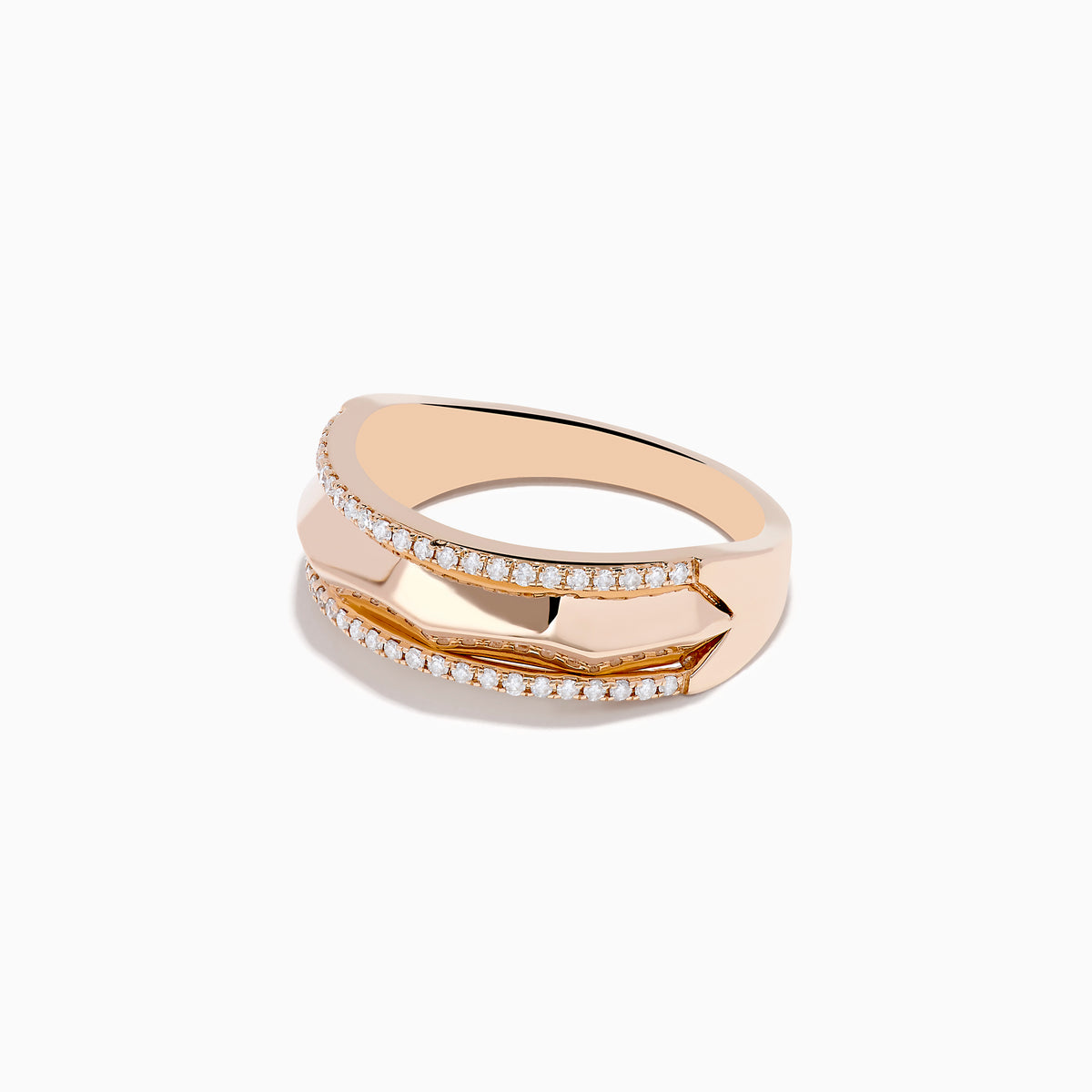 The Pave Rose 14K Gold Diamond Band Ring features a faceted center band bordered by rows of small white diamonds, showcased on a plain white background.