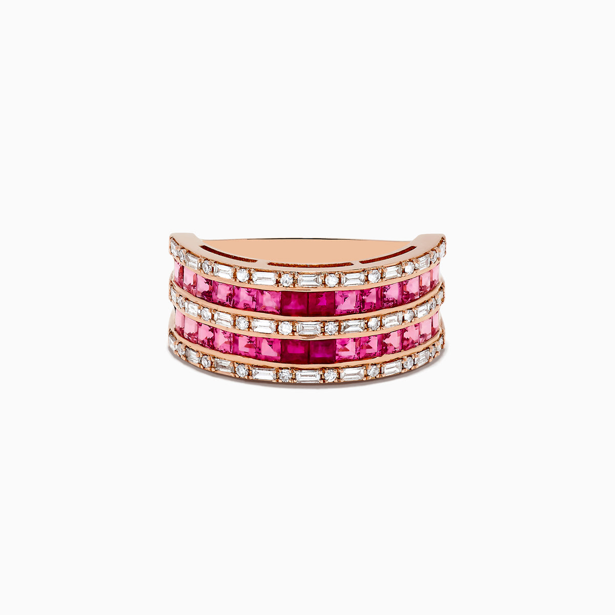 The 14k Rose Gold Princess Cut Pink Tourmaline and Ruby Ring 1.61 TCW features three rows of square pink stones and rubies, bordered by sparkling clear stones, all set in a wide band with a white backdrop.
