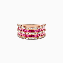 The 14k Rose Gold Princess Cut Pink Tourmaline and Ruby Ring 1.61 TCW features three rows of square pink stones and rubies, bordered by sparkling clear stones, all set in a wide band with a white backdrop.