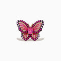 The Nature 14K Rose Gold Pink Sapphire, Ruby, and Diamond Butterfly Ring features sparkling pink, red, and purple gemstones with rose gold accents and a large central pink sapphire on its detailed wings.