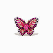 The Nature 14K Rose Gold Pink Sapphire, Ruby, and Diamond Butterfly Ring features sparkling pink, red, and purple gemstones with rose gold accents and a large central pink sapphire on its detailed wings.